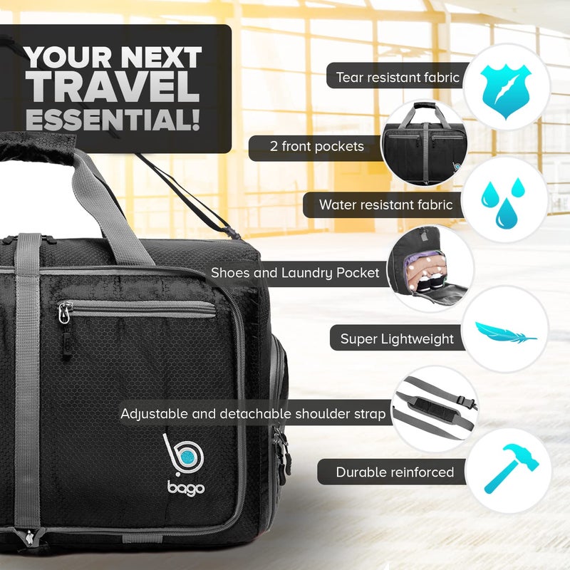 Bago Foldable Duffel Bags for Traveling Women & Men - 60L Medium Packable Duffle Bag for Travel with Shoe Compartment - Water Repellant, Heavy Duty, Lightweight Folding & Collapsible (Black) - Image 2